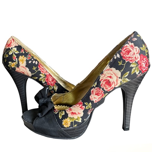 Rampage Womens 7 Black Pink Floral Print Stiletto High Heels Peep Toe Bow Shoe - Picture 1 of 13